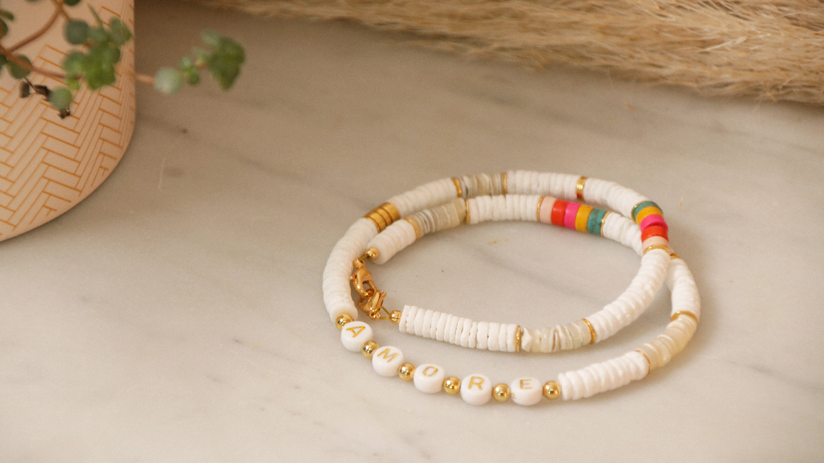 DIY 3 in 1 message jewel made of heishi shell and letter beads