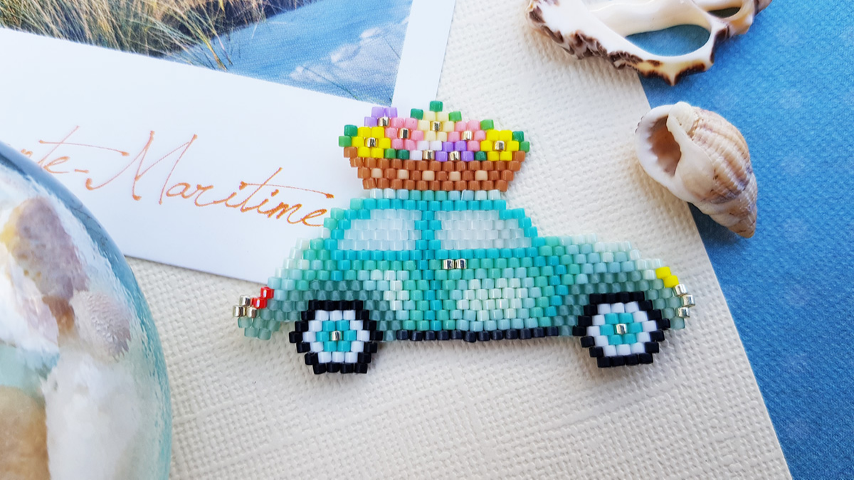 Schema  Ladybird car and flower basket made of Miyuki Delicas 11/0 beads by Coeur Citron