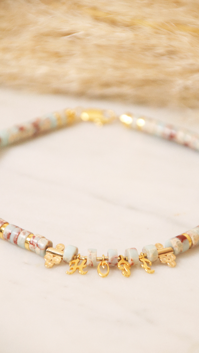 Schema DIY heishi gemstone beads message choker Schema DIY heishi gemstone beads message choker