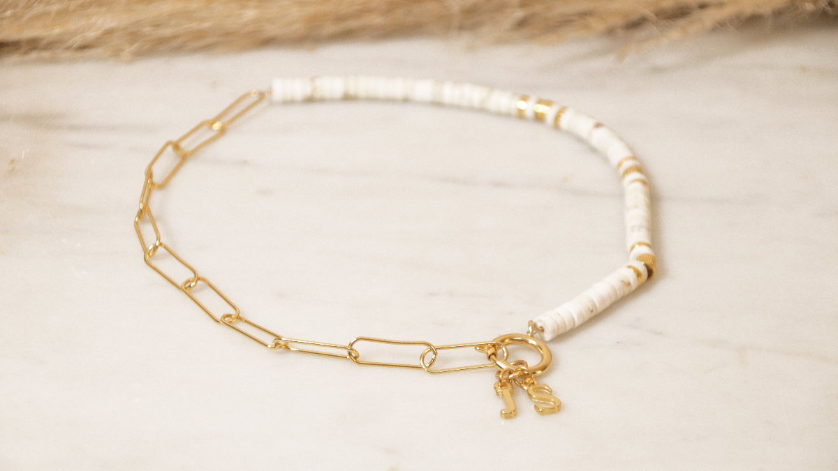 Necklace with large rectangle mesh, heishi beads and alphabet charm