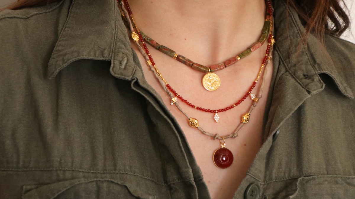 Trendy multi-row necklace with Carnelian and Unakite gemstones