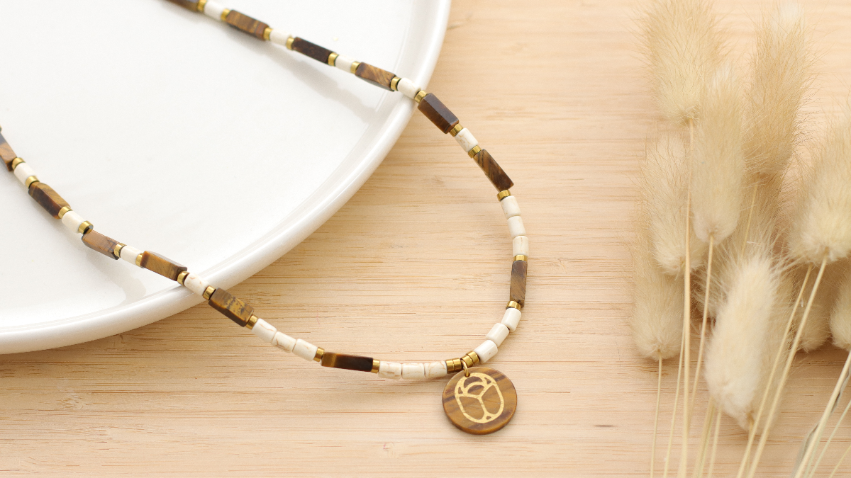 DIY Tiger eye bead necklace with scarab charm