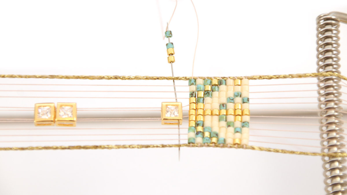 Miyuki Delicas 10 Loom Weaving Grid with Rhinestone Inlay : Step 4 Miyuki Delicas 10 Loom Weaving Grid with Rhinestone Inlay : Step 4