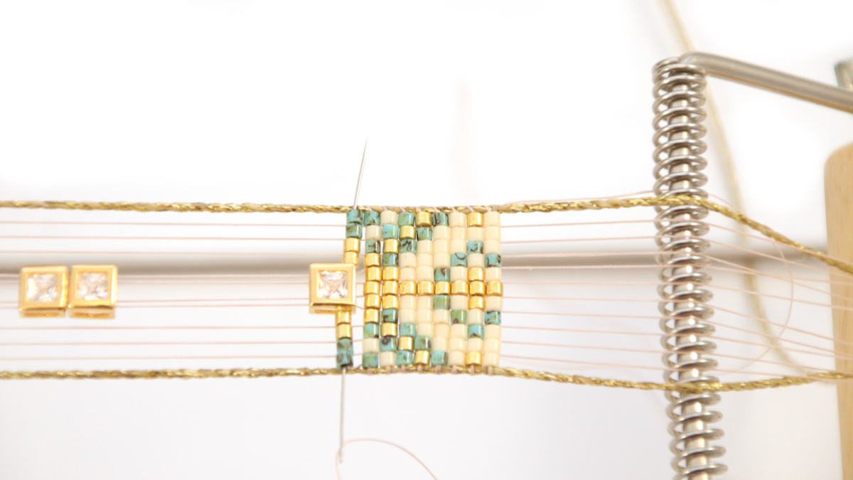 Miyuki Delicas 10 Loom Weaving Grid with Rhinestone Inlay : Step 5 Miyuki Delicas 10 Loom Weaving Grid with Rhinestone Inlay : Step 5