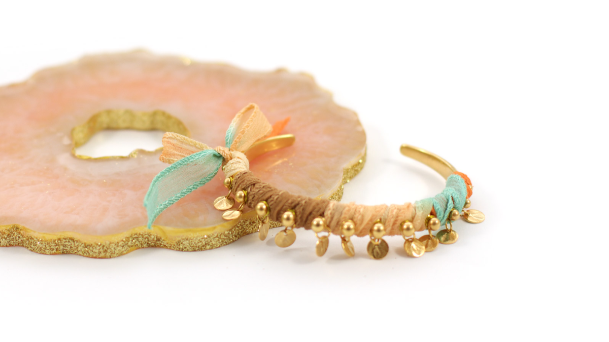 DIY Boho style gold band bracelet with tie and dye silk ribbon