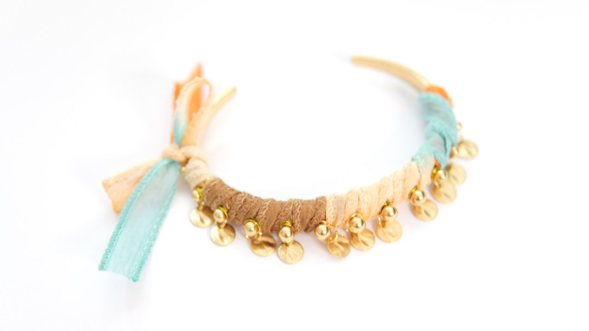 DIY Boho style gold band bracelet with tie and dye silk ribbon : Step 5 DIY Boho style gold band bracelet with tie and dye silk ribbon : Step 5
