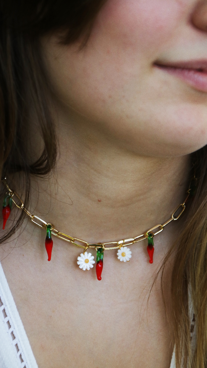 Schema  DIY trendy necklace with chili and daisy charms