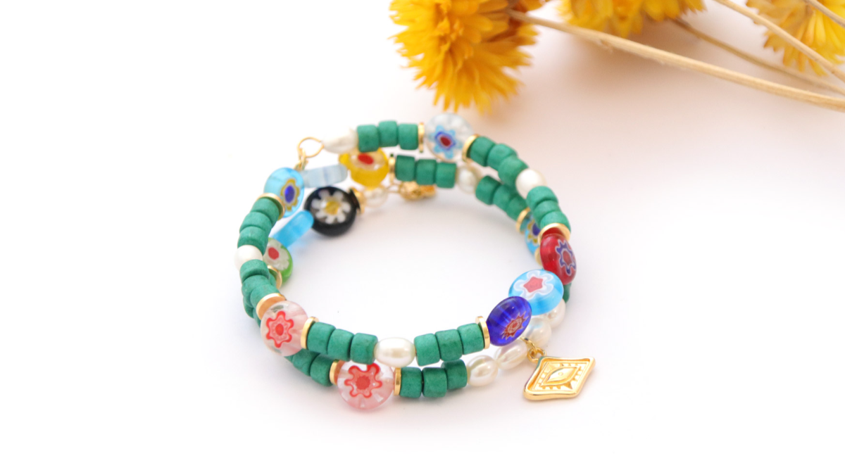 Bracelet Multi-turns Millefiori beads and ceramic heishi