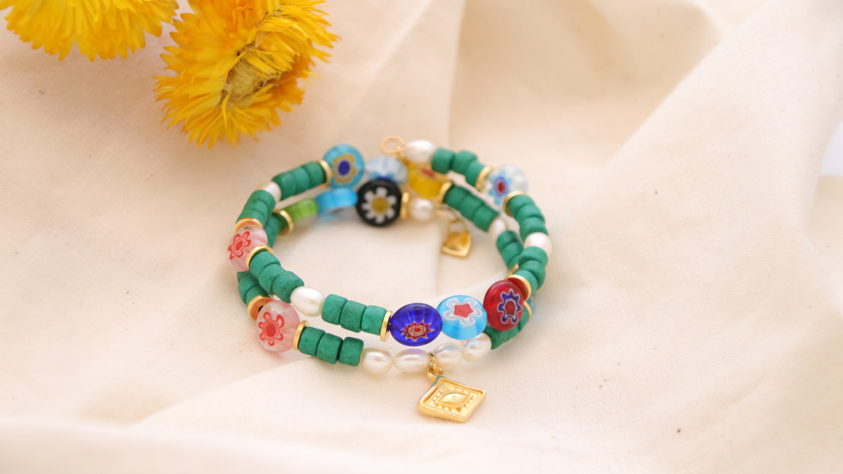 Schema Bracelet Multi-turns Millefiori beads and ceramic heishi Schema Bracelet Multi-turns Millefiori beads and ceramic heishi