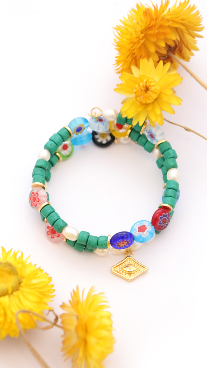 Schema Bracelet Multi-turns Millefiori beads and ceramic heishi Schema Bracelet Multi-turns Millefiori beads and ceramic heishi