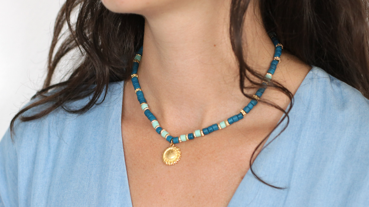 DIY turquoise ceramic heishi bead necklace