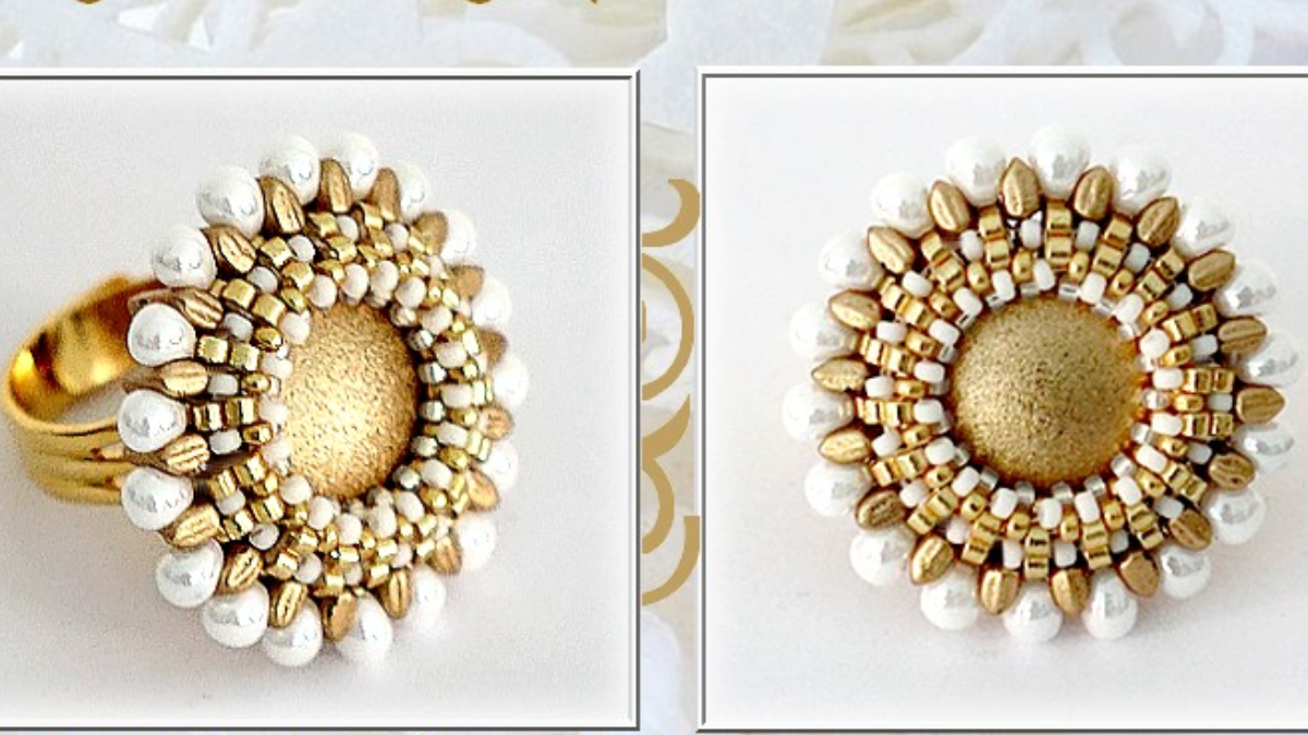 Sally ring by Puca with Miyuki silver and blue cabochons and seed beads