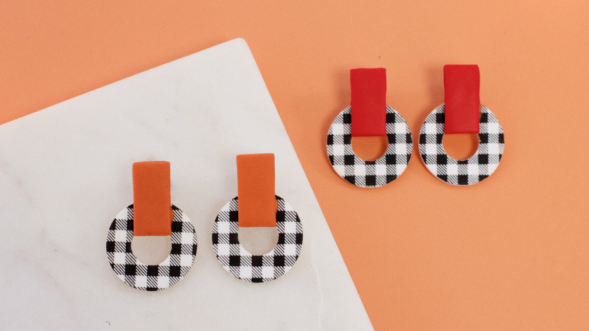 Gingham check pattern polymer clay earrings