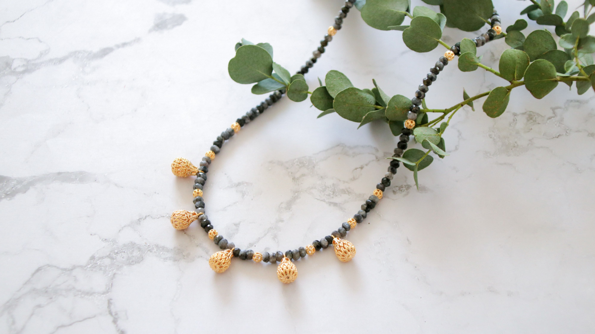 DIY Necklace with grey jade stone and gold filigree beads
