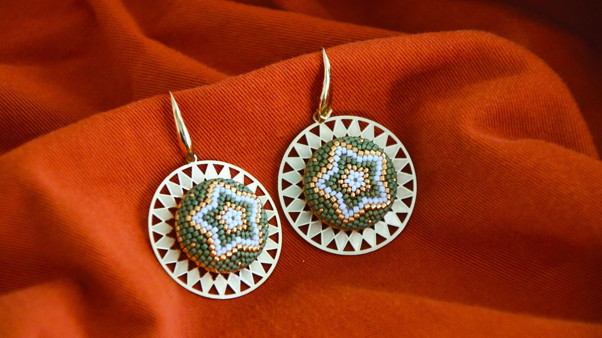Earrings made of 3D circular peyote weaving on wooden cabochons and prints