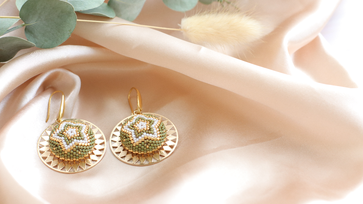 Schema Earrings made of 3D circular peyote weaving on wooden cabochons and prints Schema Earrings made of 3D circular peyote weaving on wooden cabochons and prints