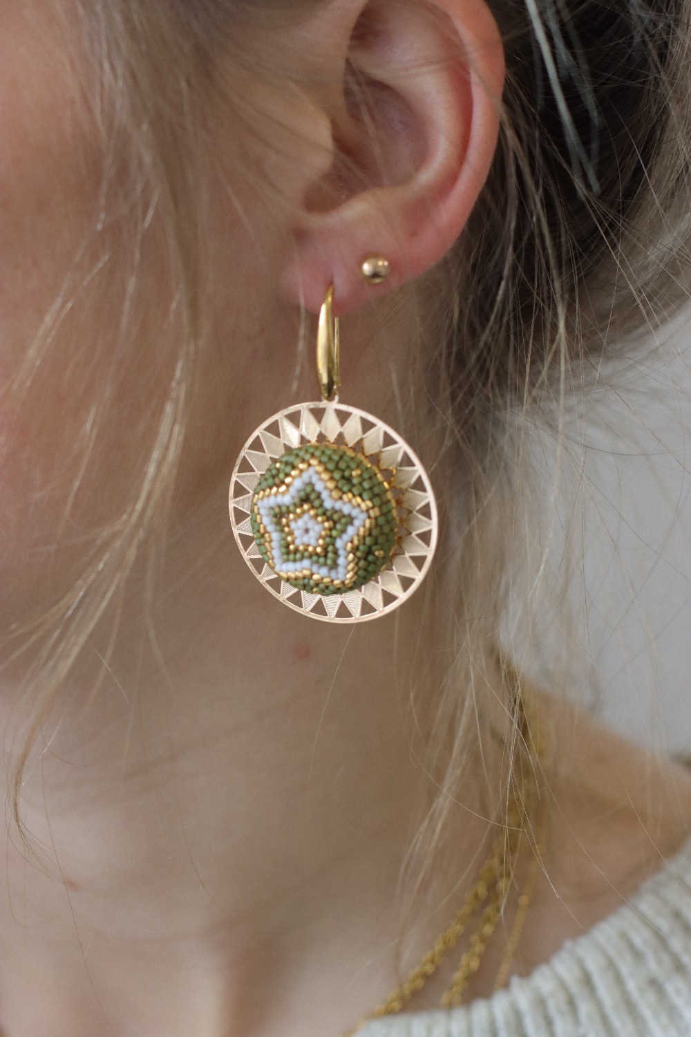 Schema Earrings made of 3D circular peyote weaving on wooden cabochons and prints Schema Earrings made of 3D circular peyote weaving on wooden cabochons and prints