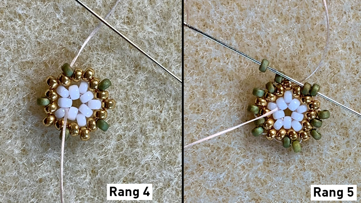 Earrings made of 3D circular peyote weaving on wooden cabochons and prints : Step 3 Earrings made of 3D circular peyote weaving on wooden cabochons and prints : Step 3