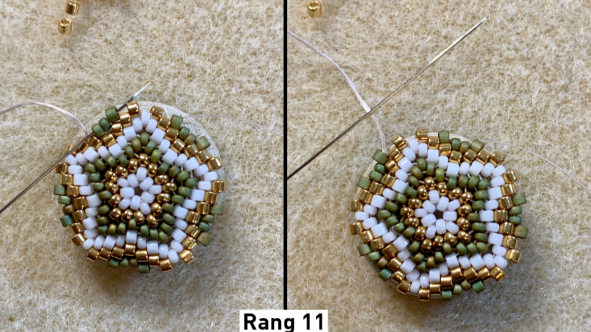 Earrings made of 3D circular peyote weaving on wooden cabochons and prints : Step 7 Earrings made of 3D circular peyote weaving on wooden cabochons and prints : Step 7