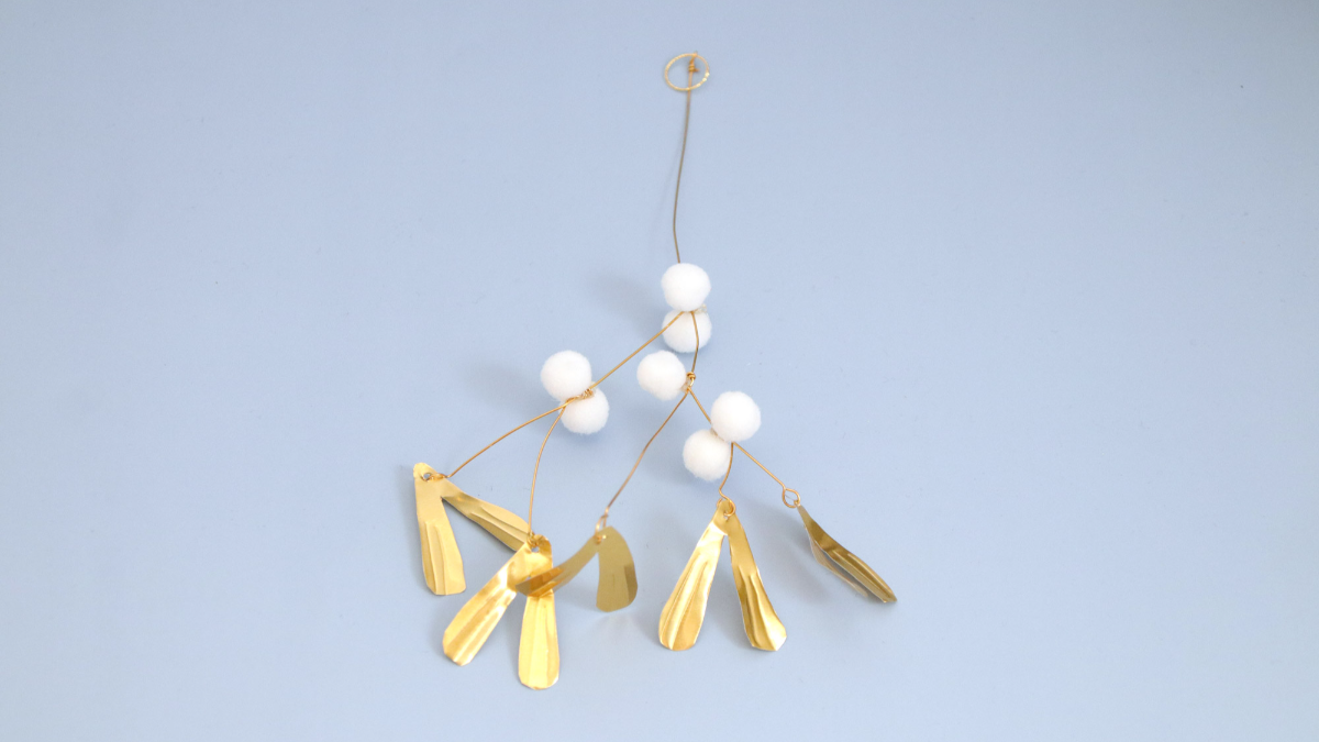 DIY gold metal mistletoe and white pompons