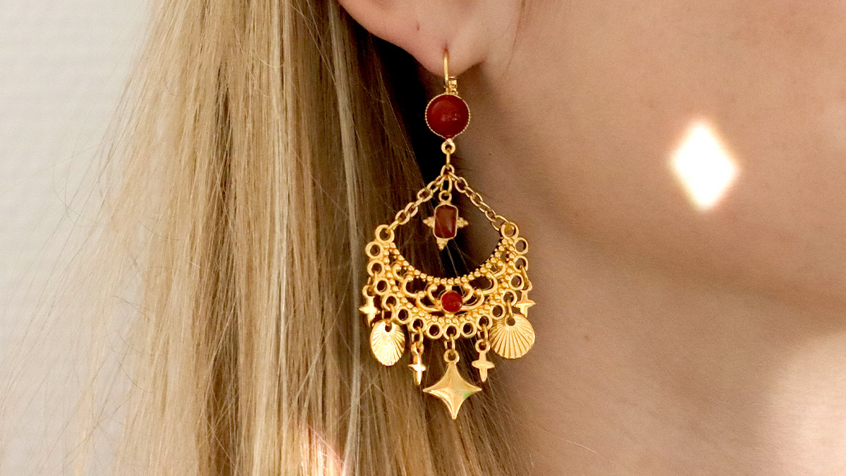 Gold plated cross earrings with carnelian gemstone