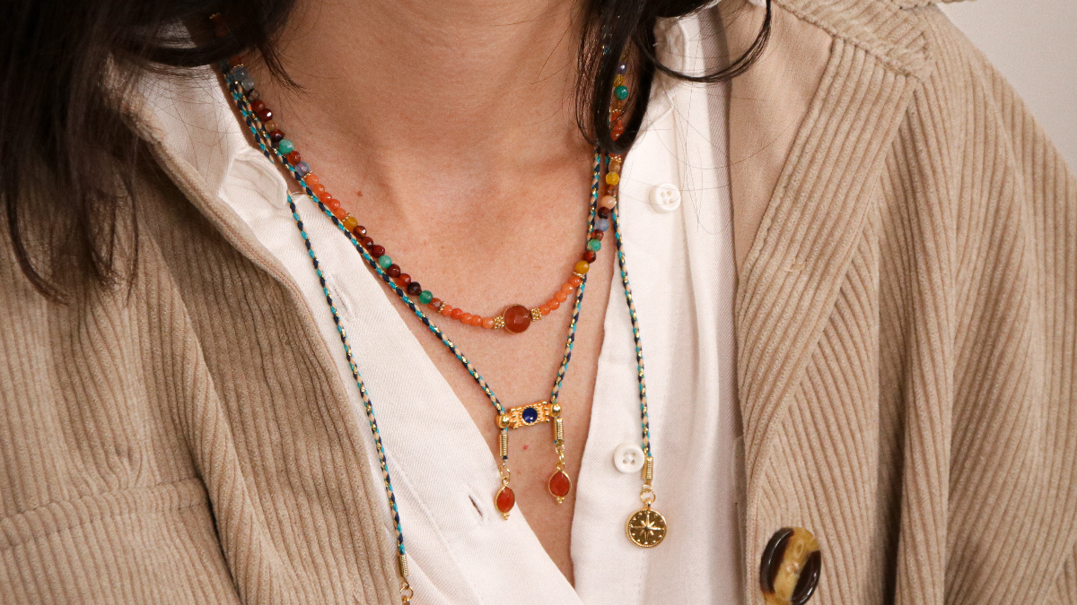 Schema Stacking of bohemian chic necklaces with gemstones and charms Schema Stacking of bohemian chic necklaces with gemstones and charms