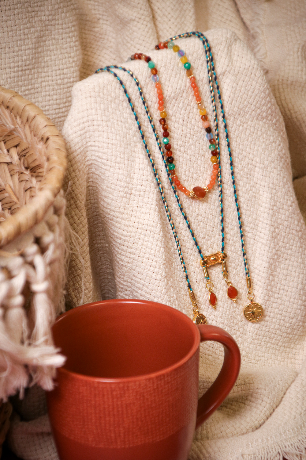 Schema Stacking of bohemian chic necklaces with gemstones and charms Schema Stacking of bohemian chic necklaces with gemstones and charms