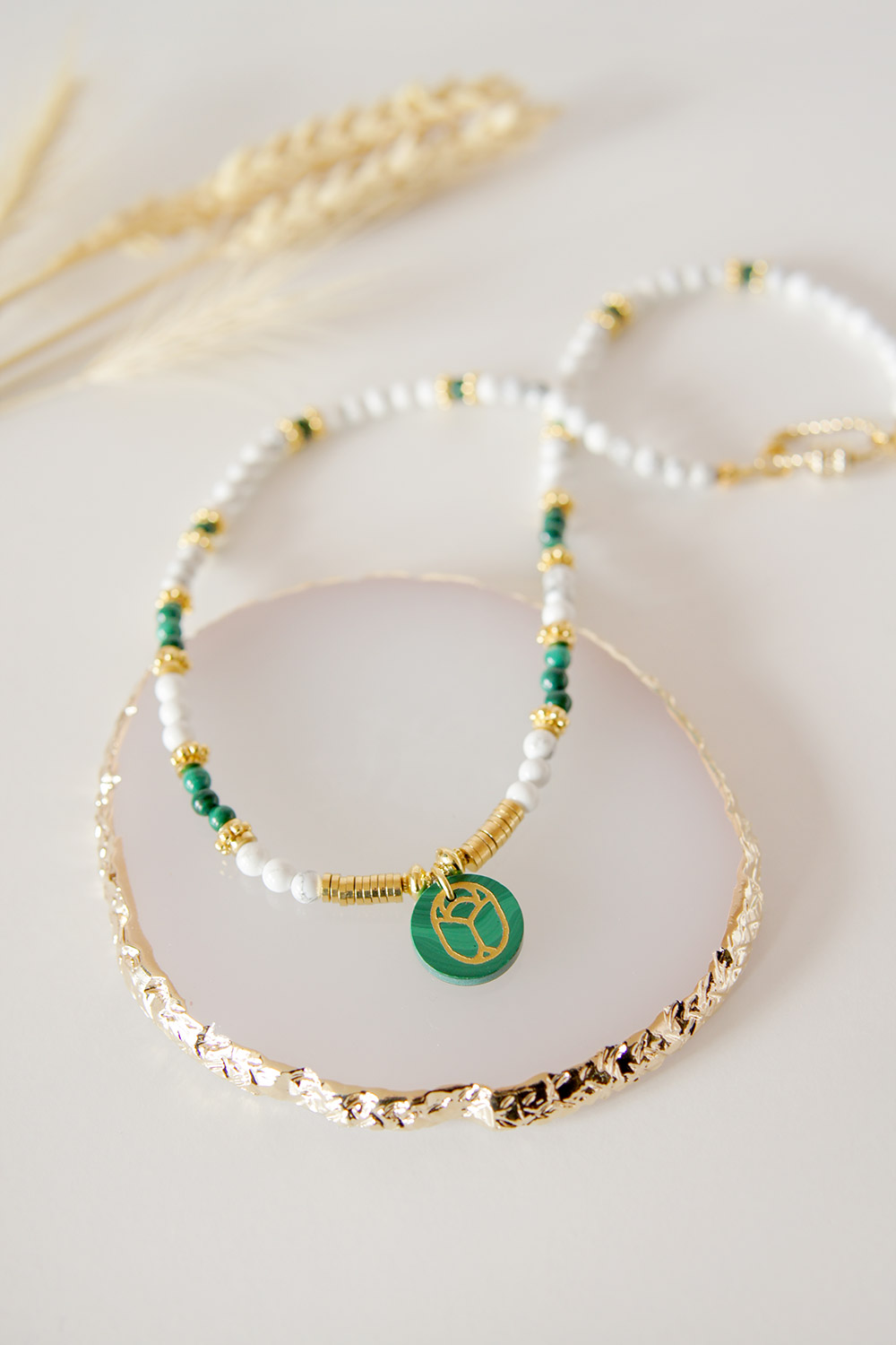 Schema Howlite and Malachite Beads Necklace Scarab Pendant Schema Howlite and Malachite Beads Necklace Scarab Pendant