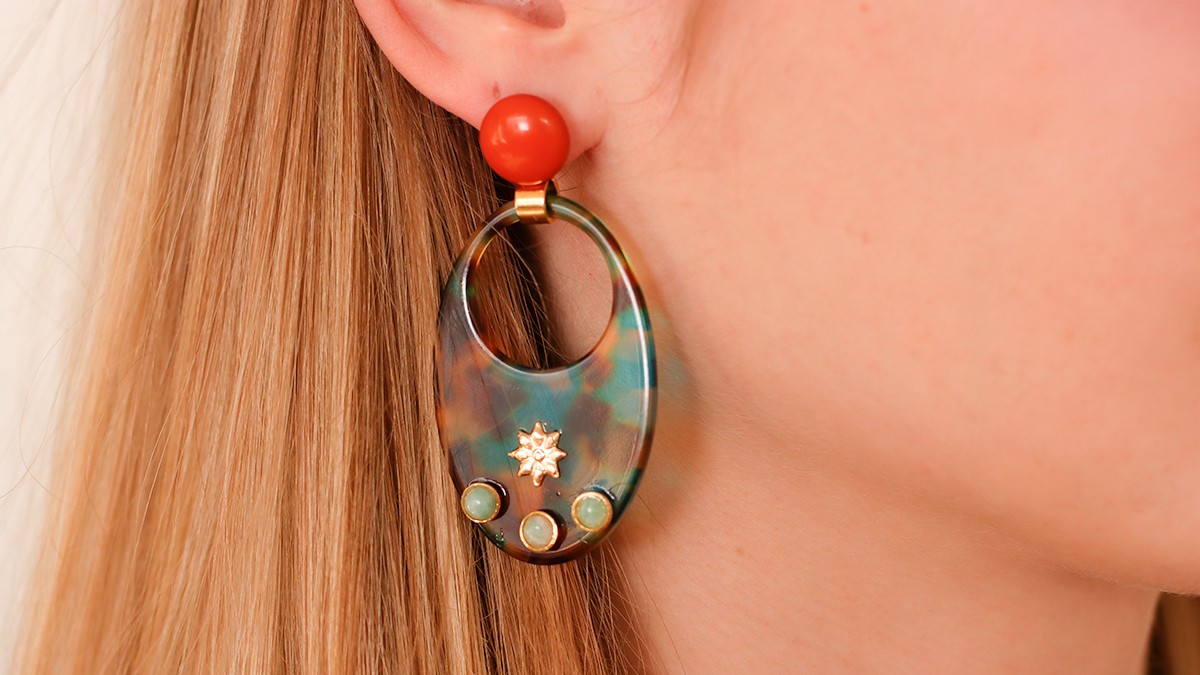 Schema  Original resin pendant earrings with natural Amazonite stones