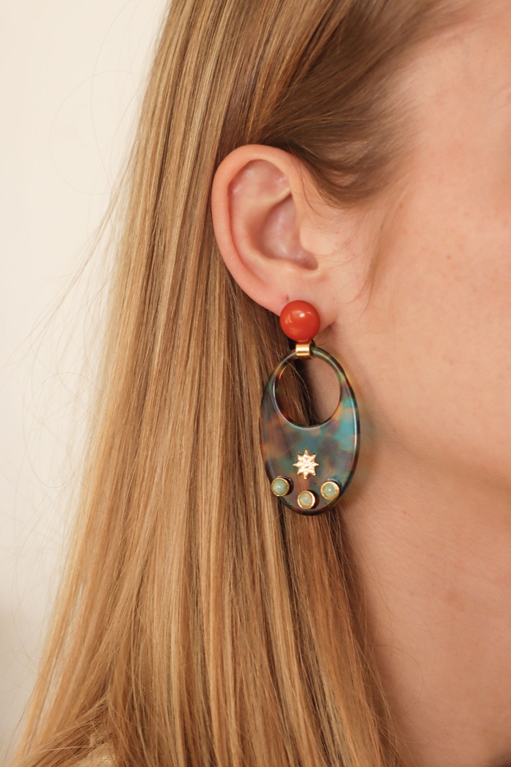 Schema  Original resin pendant earrings with natural Amazonite stones