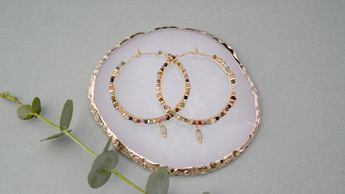 Gold plated stainless steel hoop earrings with Tourmaline beads
