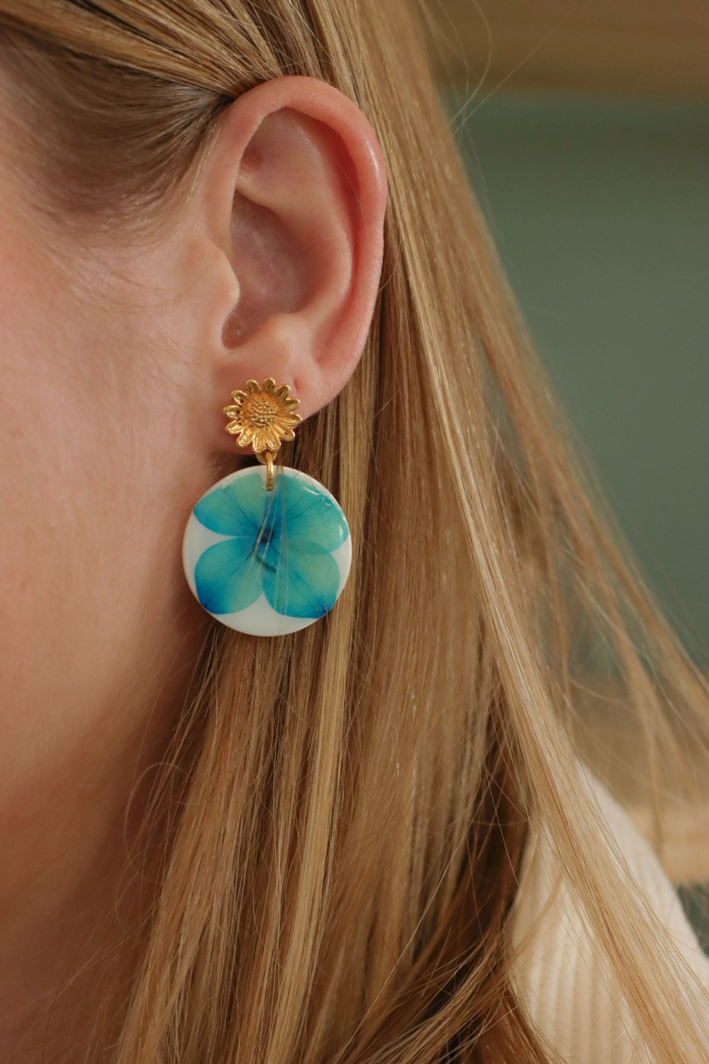 Polymer clay and resin earrings with dried hydrangea flowers