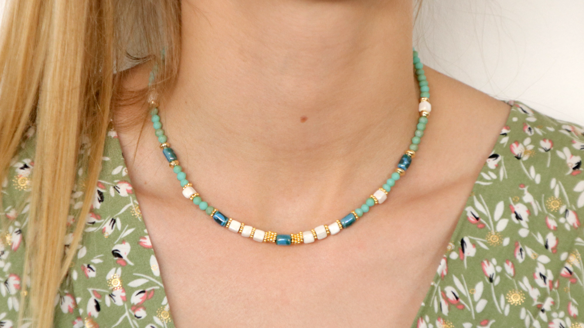 Turquoise blue ceramic tube beads necklace