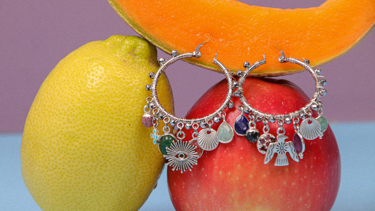 Schema  Silver wire wrapping hoop earrings and gemstone charms