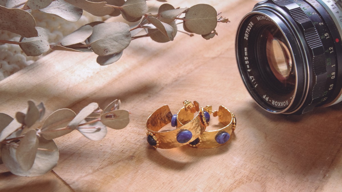 Gold color hoop earrings with natural stones