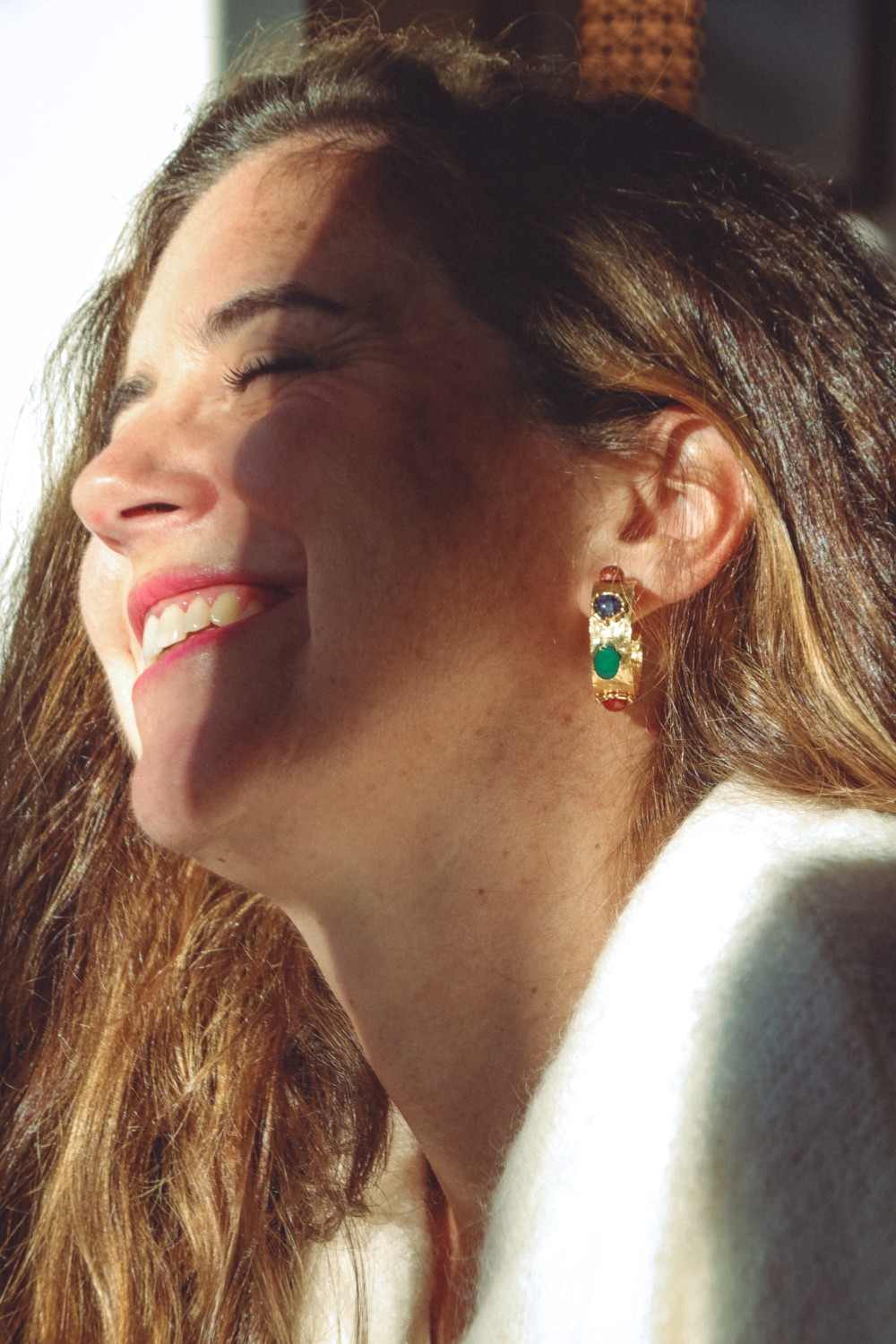 Schema  Gold color hoop earrings with natural stones