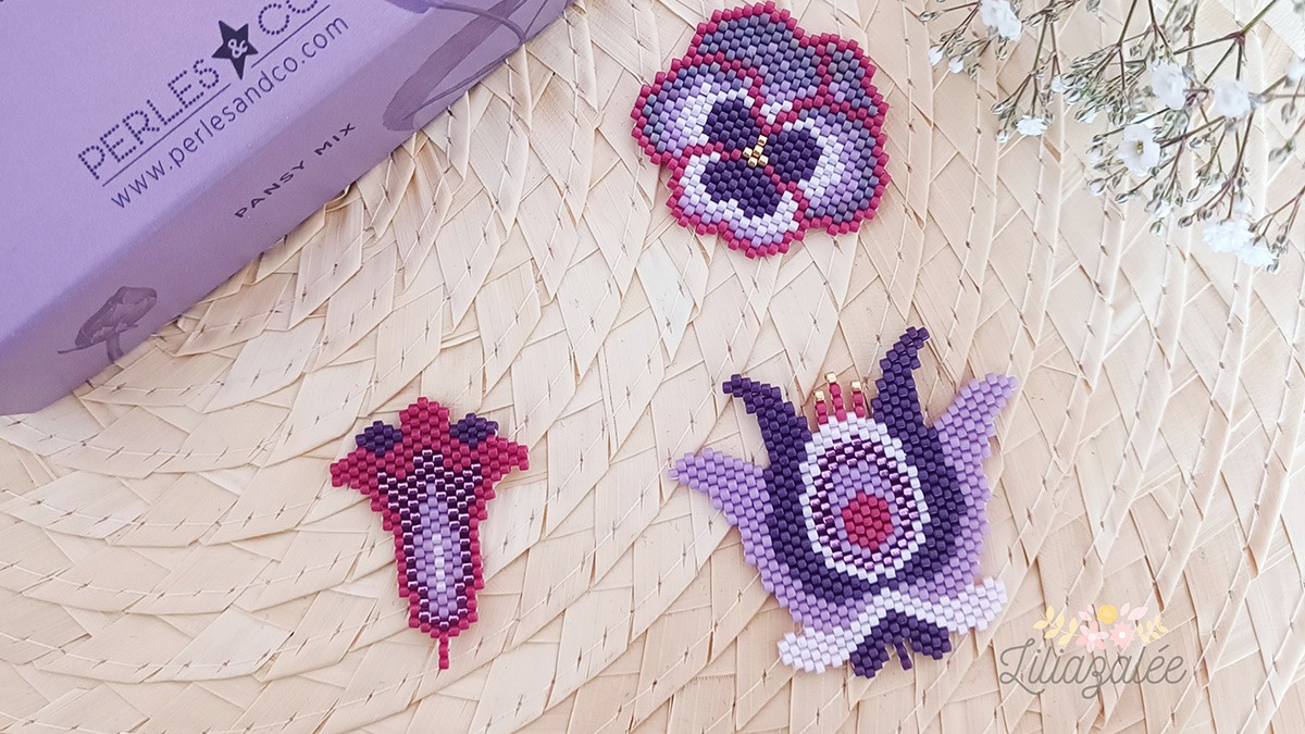 Schema  DIY Pansy flowers weaving with Miyuki beads brickstitch technique