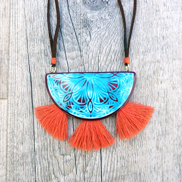Schema  polymer clay necklace with mandala and pompons