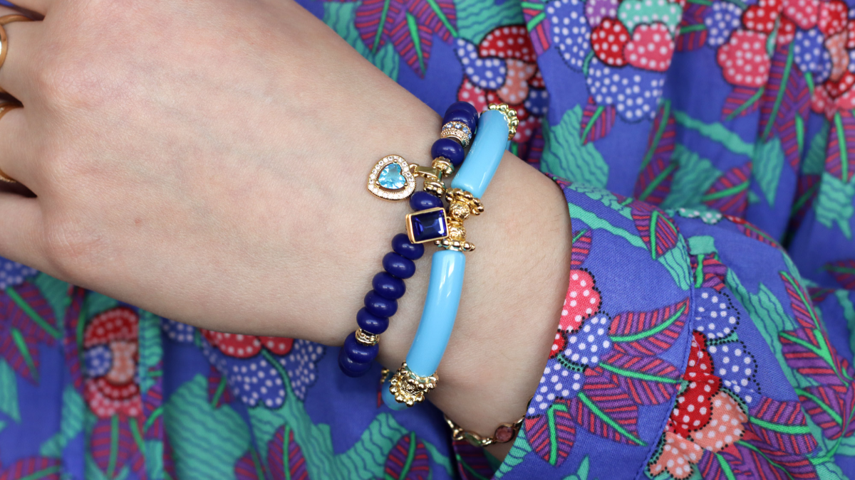 Tuto Duo of blue elastic bracelets with rhinestone heart charms