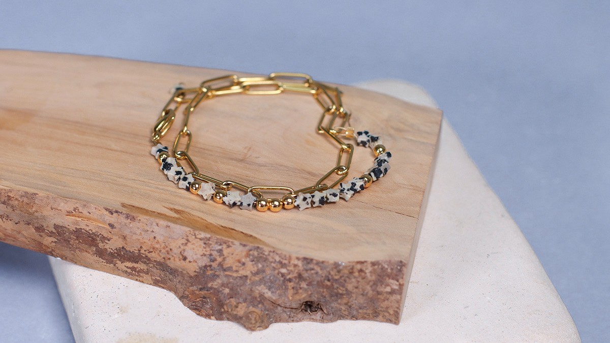 Schema  Dalmatian Jasper star bracelet with stainless steel rectangular chain
