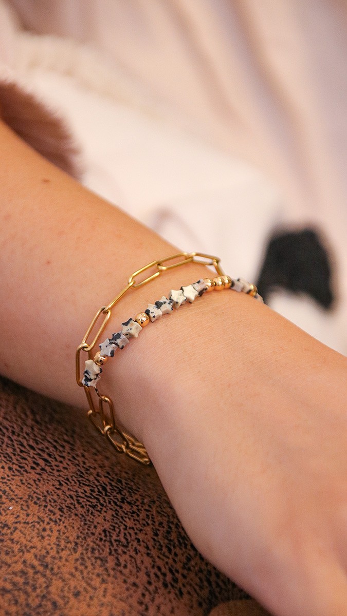 Schema  Dalmatian Jasper star bracelet with stainless steel rectangular chain