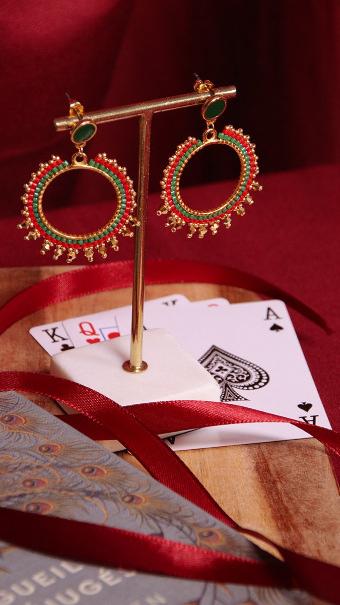 Miyuki red and green pearl sunburst earrings