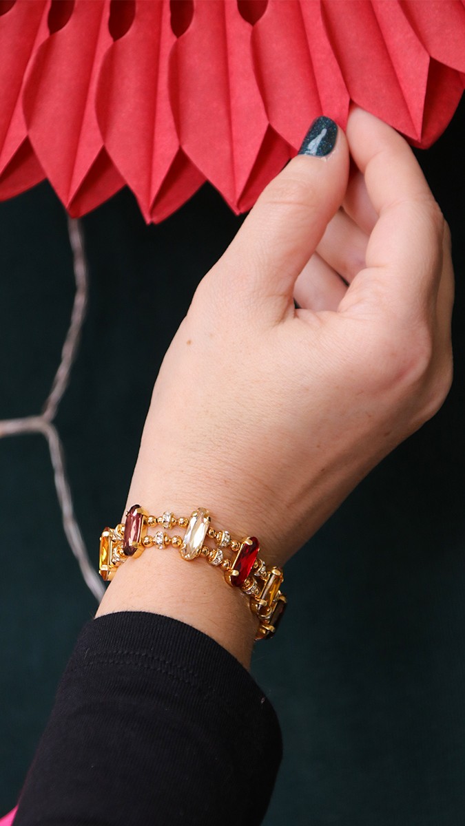 Double bracelet with rhinestones and colored crystals