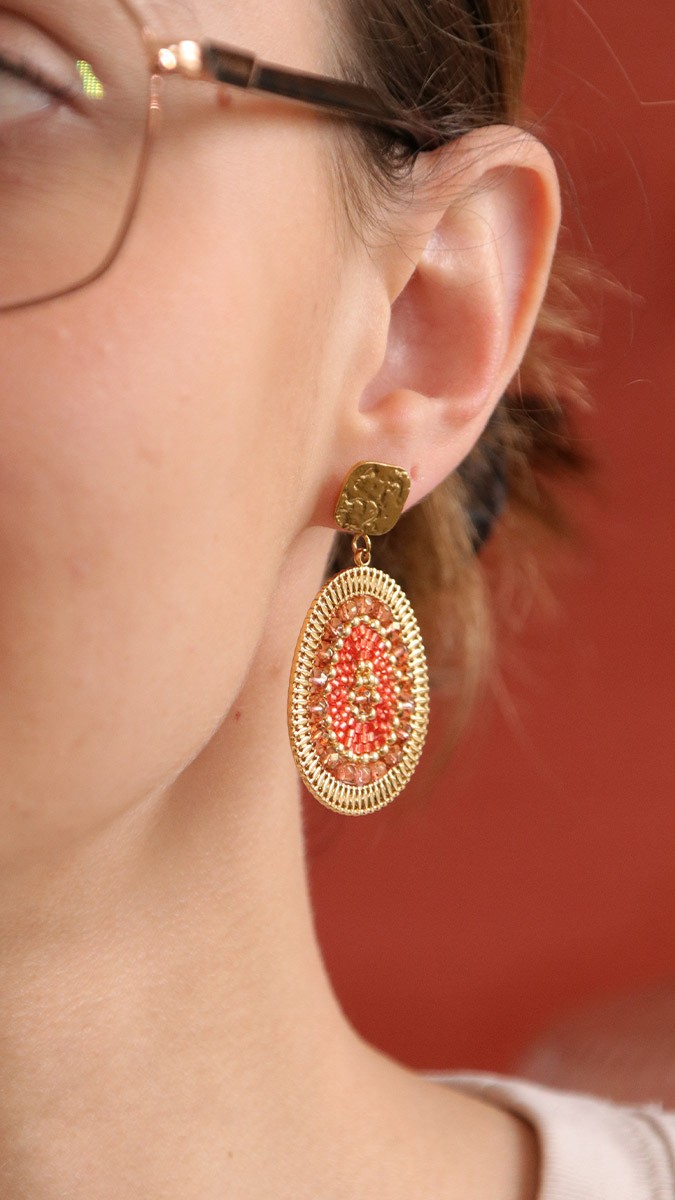 Miyuki orange earrings with faceted pearls and geode weave effect