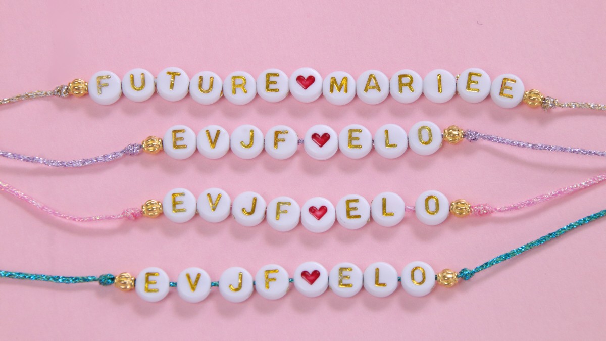 Schema Bachelorette party bracelets with metallic thread and letter beads Schema Bachelorette party bracelets with metallic thread and letter beads