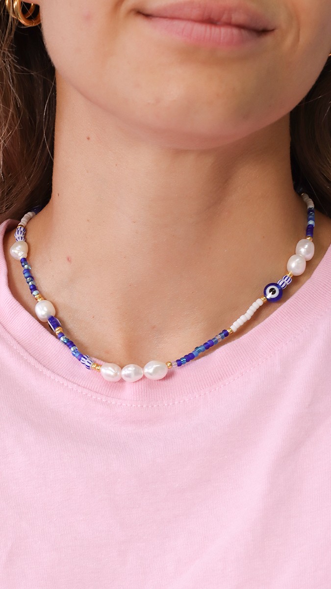 Schema  White and blue pearl necklace for summer - Miyuki stones and freshwater pearls