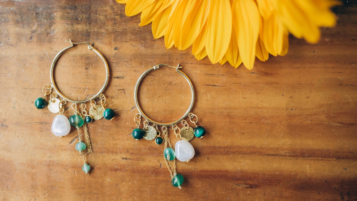 Multi-charm hoop earrings with natural stones