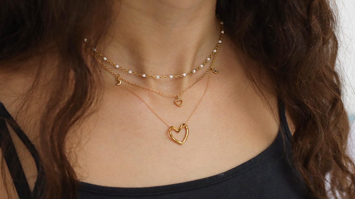 Trio of gold-plated stainless steel heart pendant necklaces