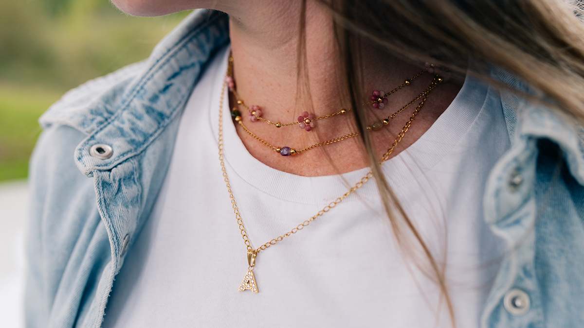 Schema  Necklaces with natural stones and letter charm