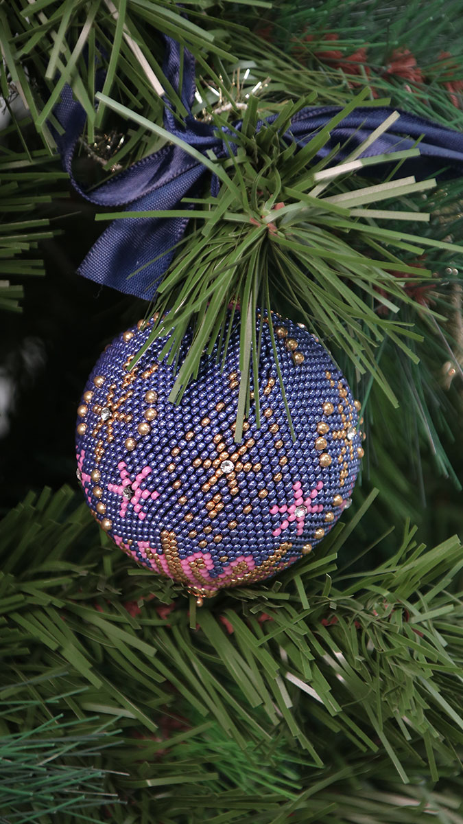 Blue and pink spiral crochet bauble